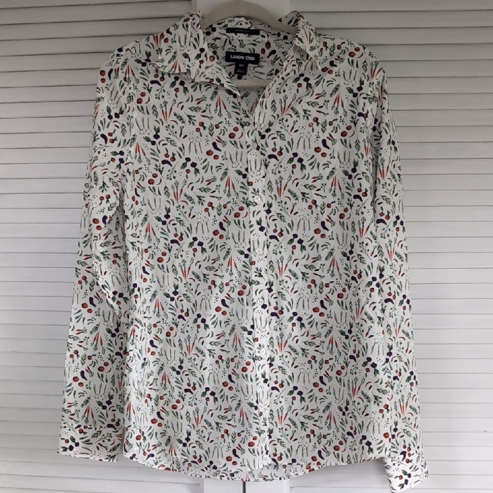 Lands' End Casual Button Down Shirt White and Green